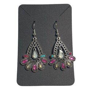 Rhinestone Dangle Earrings Multicolor Gem Accents Women Jewelry Silver Tone Gift